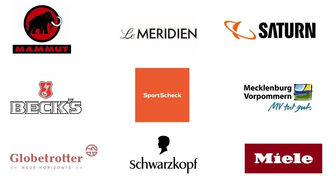 Logos von Marken: Mammut, Le Méridien, Saturn, Beck's, SportScheck, Mecklenburg-Vorpommern, Globetrotter, Schwarzkopf, Miele