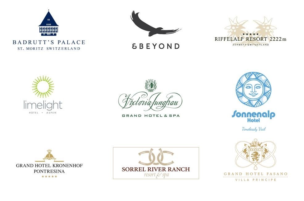 Logos von Partnerhotels: Badrutt's Palace, &Beyond, Riffelalp Resort, Limelight Aspen, Victoria-Jungfrau, Sonnenalp, Grand Hotel Kronenhof, Sorrel River Ranch, Grand Hotel Fasano